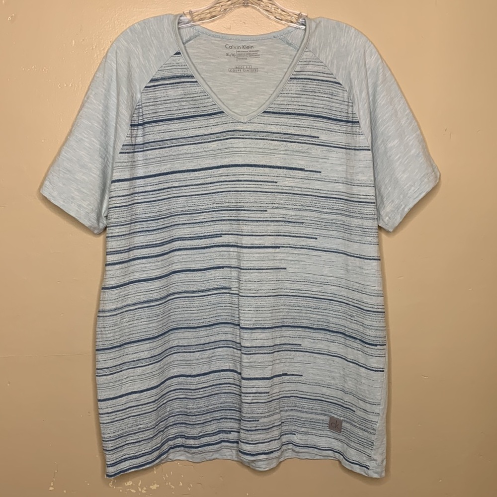 CALVIN KLEIN Tee Shirt Blue Body Fit V Neck Raglan Sleeve Popover Cotton XL
